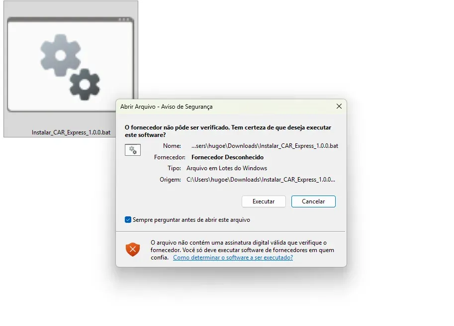 Aviso Abrir Arquivo — Aviso de Segurança do Windows para o instalador do CAR Express, com os botões Executar e Cancelar.